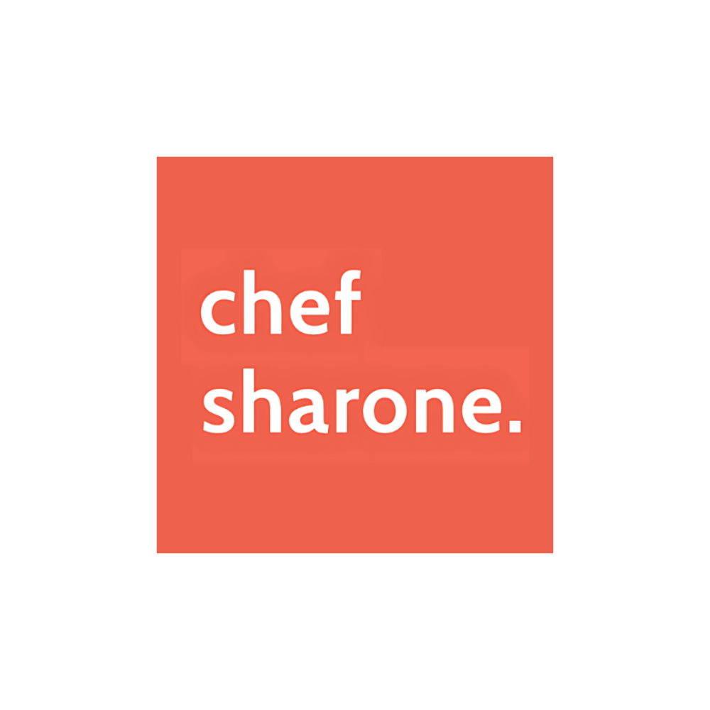 A digital graphic with a red-orange gradient background that reads 'chef sharone.' in bold white letters.