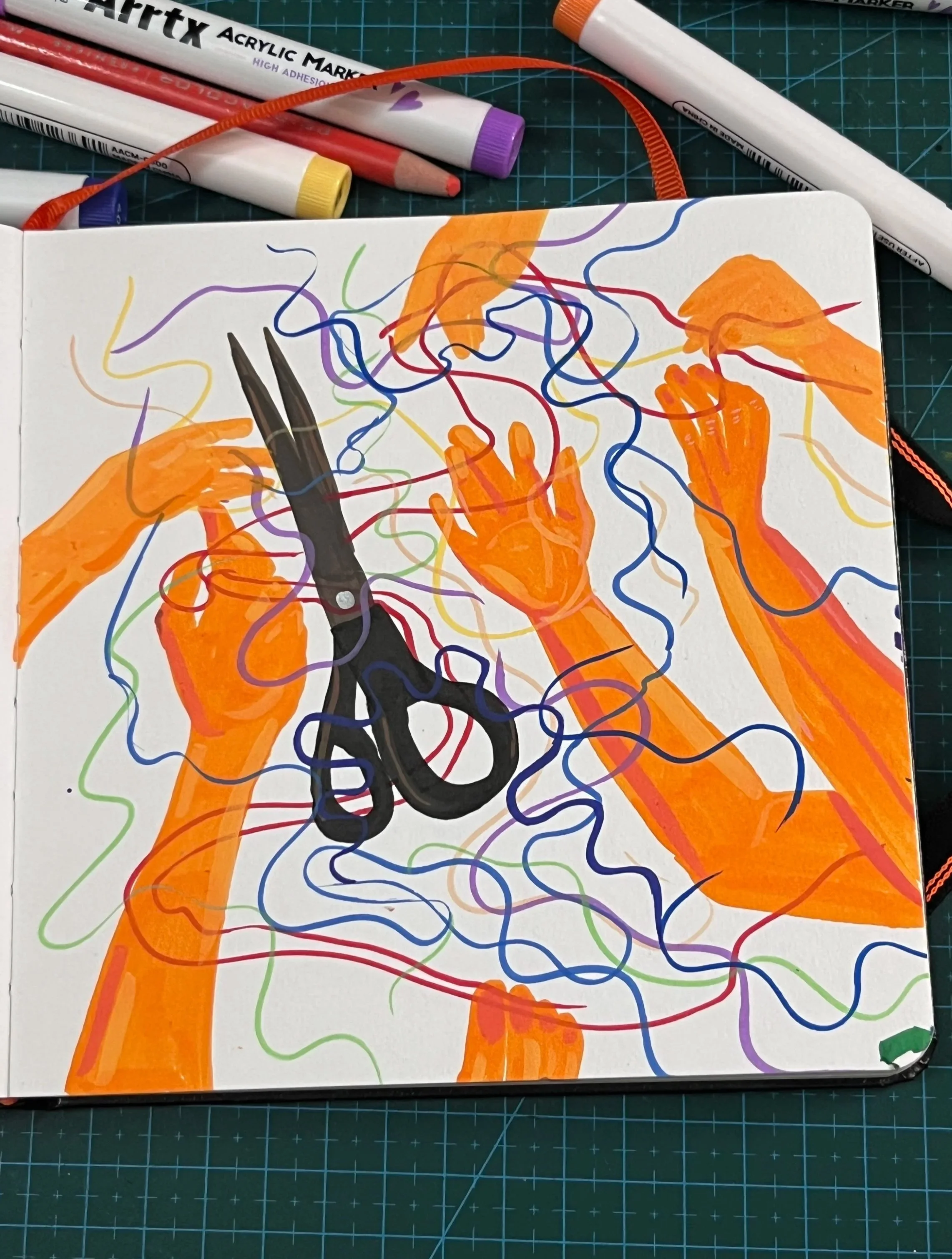 Acrylic marker drawing of multiple hands reaching for multiple floating threads, and a pair of scissors in the middle