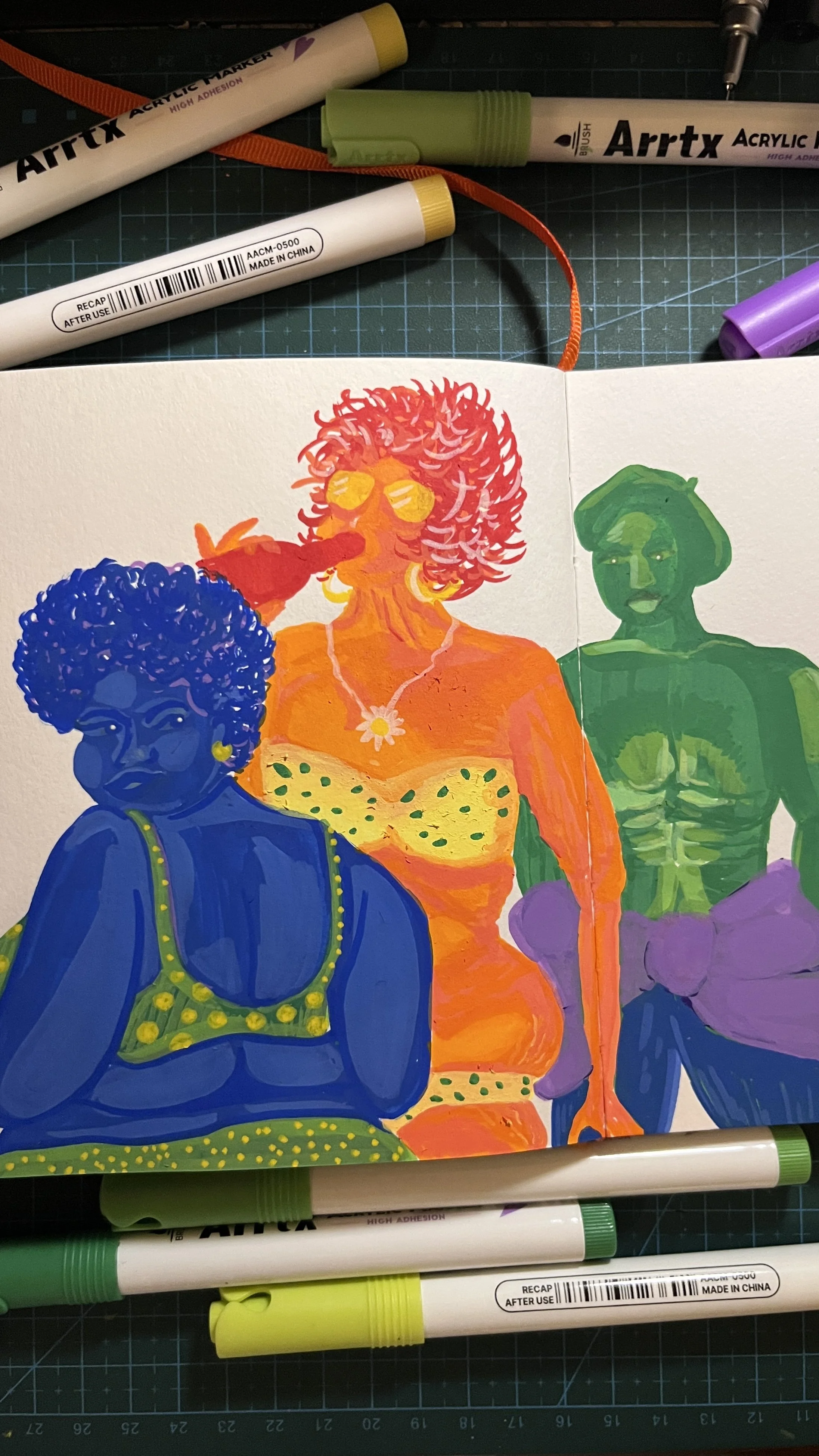 Acrylic marker sketch of 3 people, one with her back turned to us, in a green and yellow polka dot bikini, another drinks from a red bottle, gorgeously aging skin and in a yellow bikini with specks of green