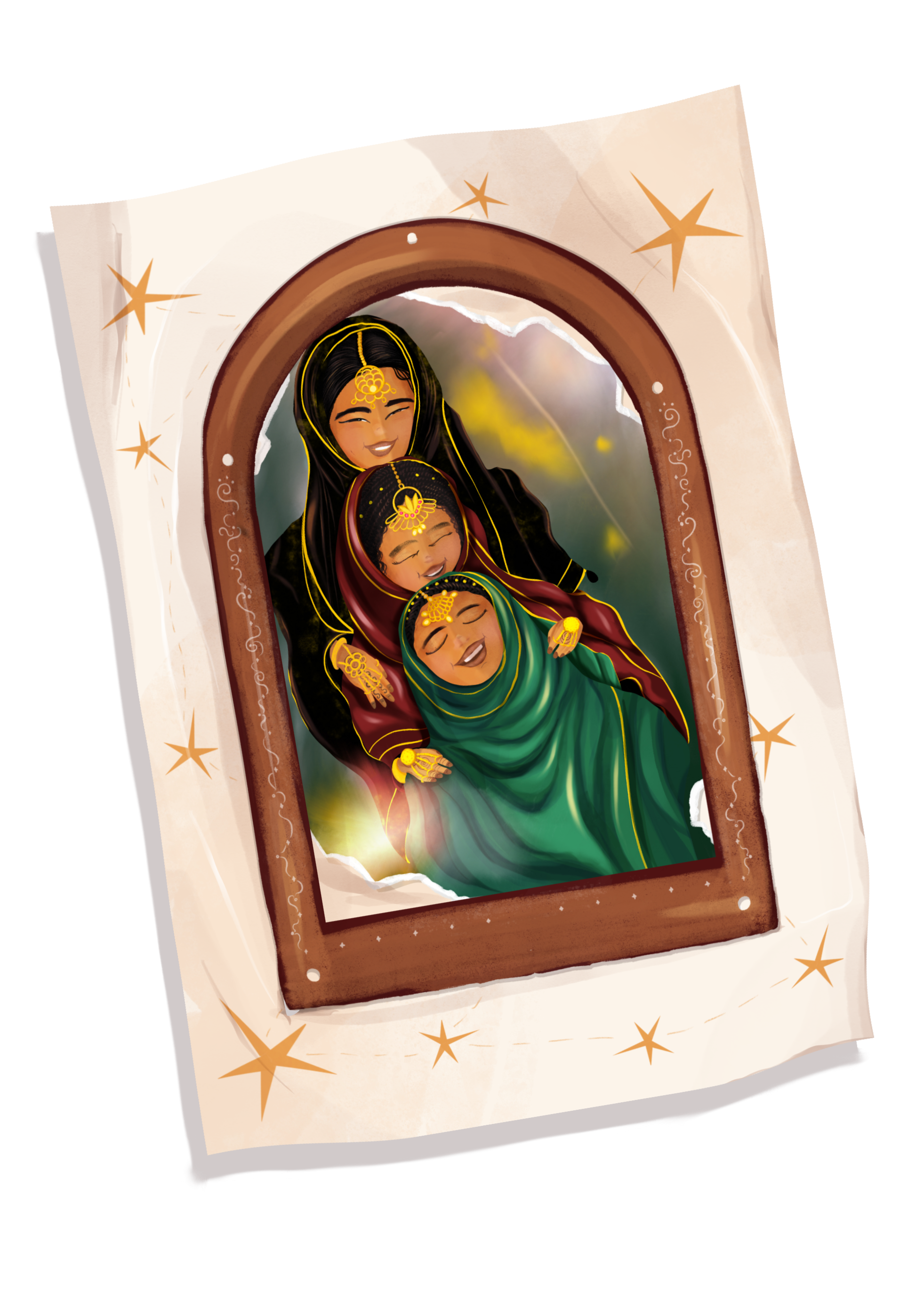 A page from a scrapbook that has a picture of 3 young girls, maybe sisters, hold each other