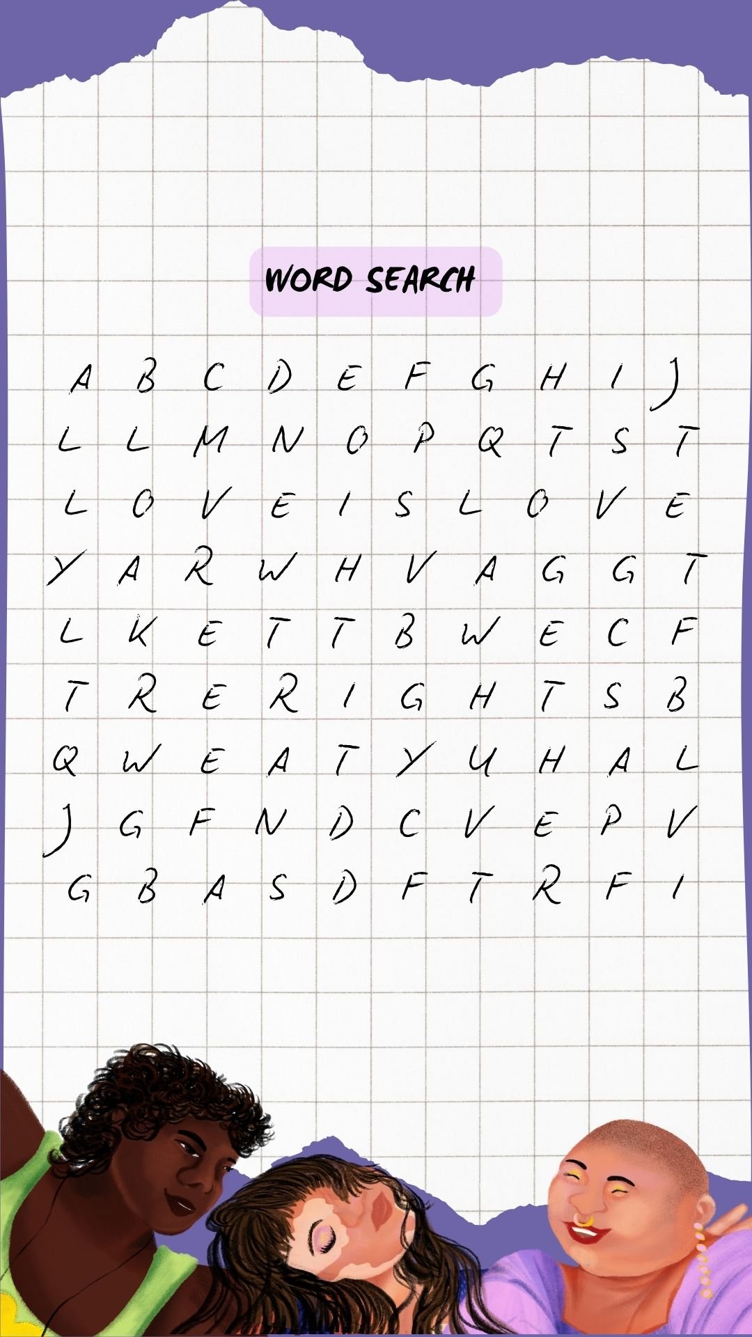 A word search for social media and Instagram stories featuring words like ally, together, love is love, and trans rights