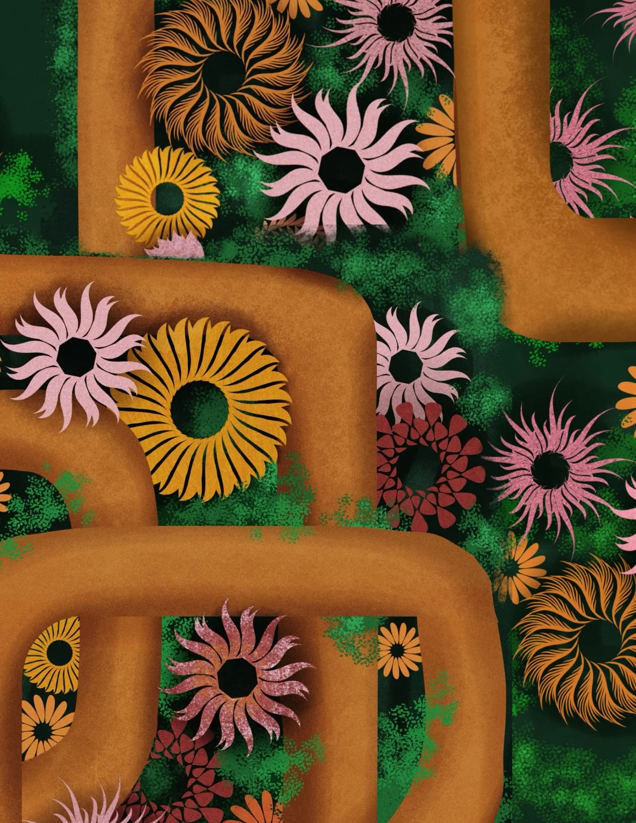 a woman stretches and shape shifts, bent over backwards, her arms and legs form a maze through a garden of blooms