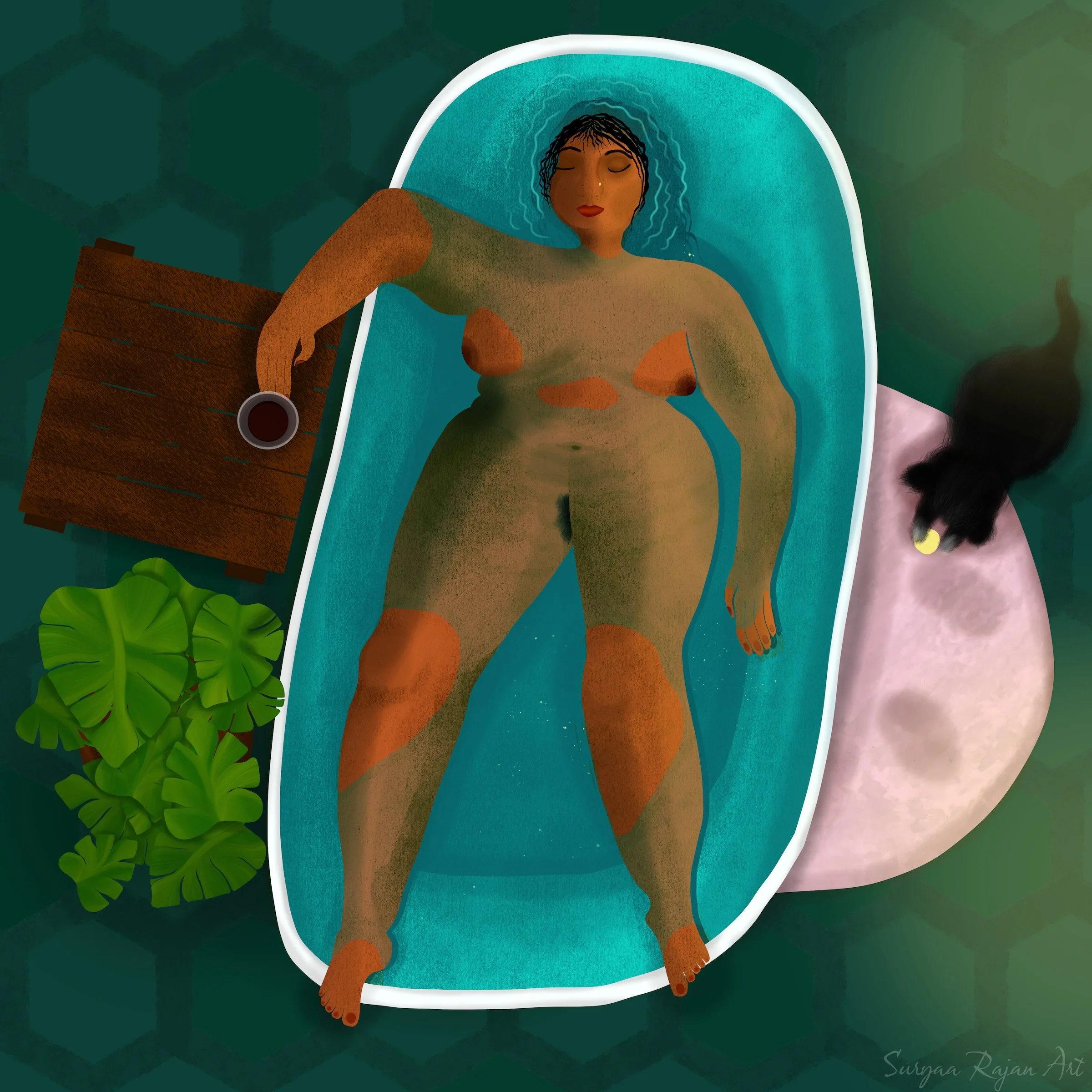 A woman lounges in a tub, with a glass of wine and a little furry friend plays on the bathmat