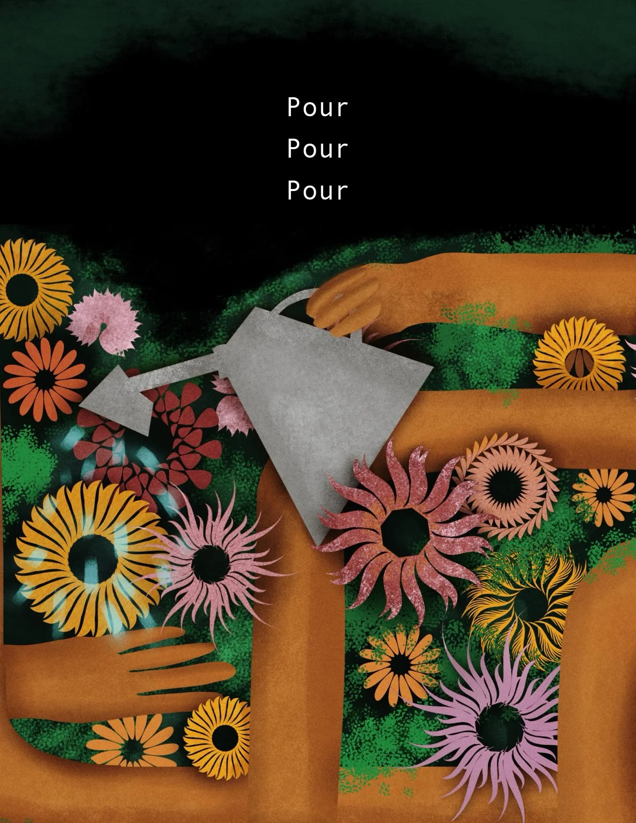 The woman holds a watering can, pouring water over the blooms. The page reads "pour, pour, pour"