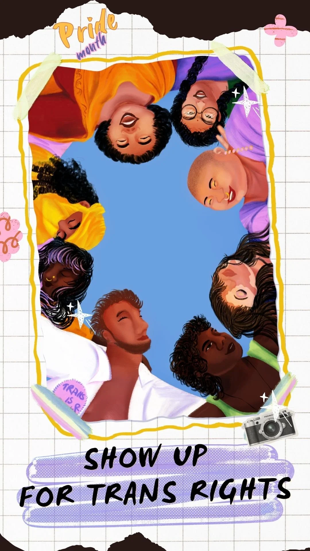 A post for social media and Instagram stories featuring a call to action to show up for trans rights
