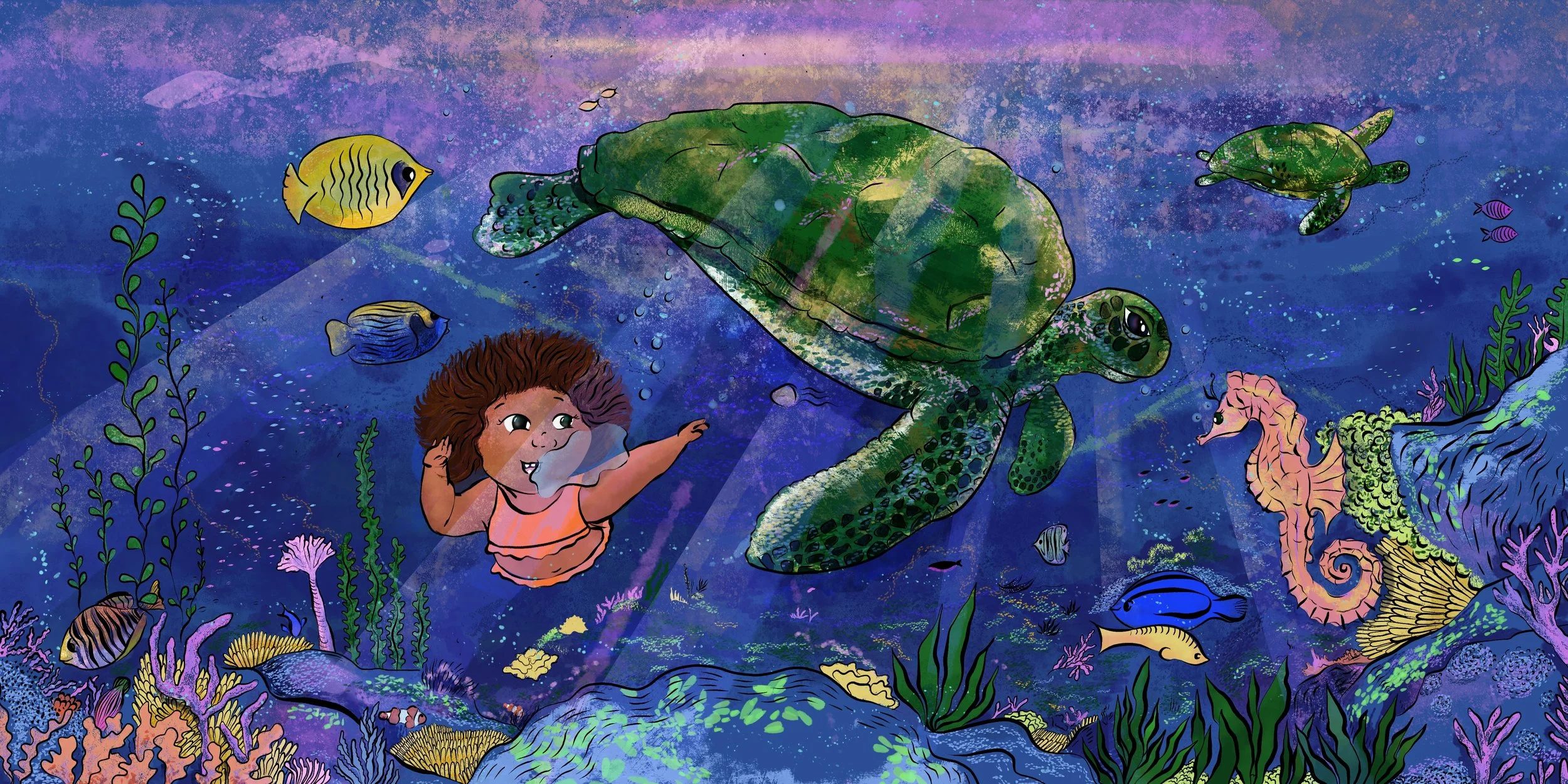 An illustrated spread for a childrens book featuring a young girl exploring and learning about ocean life. It features a big green turtle, seahorse, coral and other underwater flora, as well as many species of fish. 