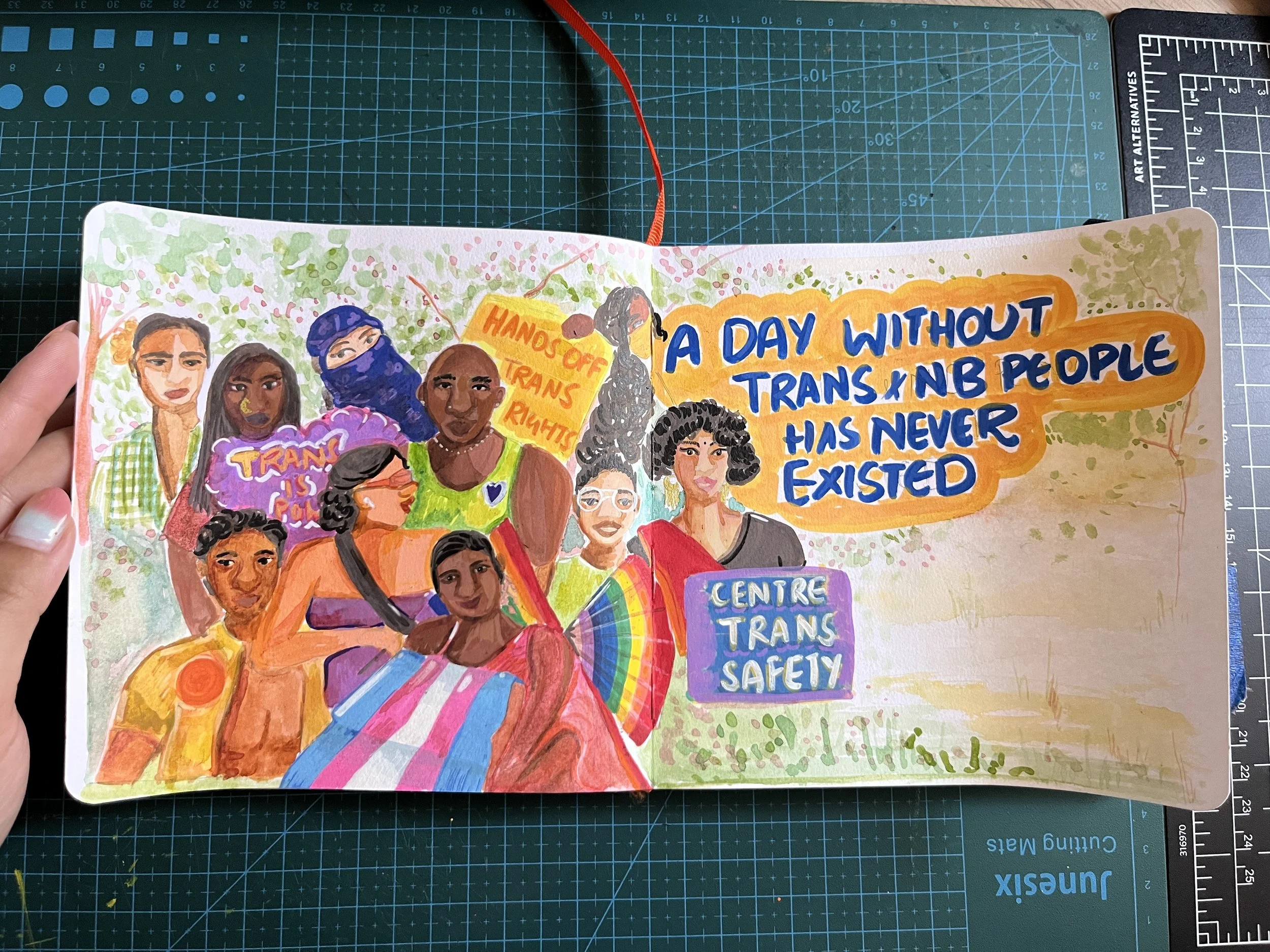 A sketchbook page with multiple folks painted in acrylic and watercolour. various boards on the page say Trans is Power, Hands off Trans Rights, Centre Trans Safety, and A day without Trans and NB people has never existed.