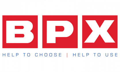 Logo with the letters B P X in white inside red squares, and blue text underneath reading 'Help to Choose | Help to Use'.