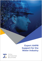 A professional brochure cover featuring a profile of a man in a hard hat with digital overlay graphics, text indicating it's for water industry automation, and logos for Total Automation Solutions and Expert AMP8.