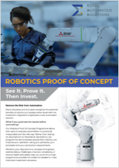 A person in safety glasses and a blue jumpsuit operating a robotic arm in a laboratory or industrial setting, with a large display and text about robotics technology.
