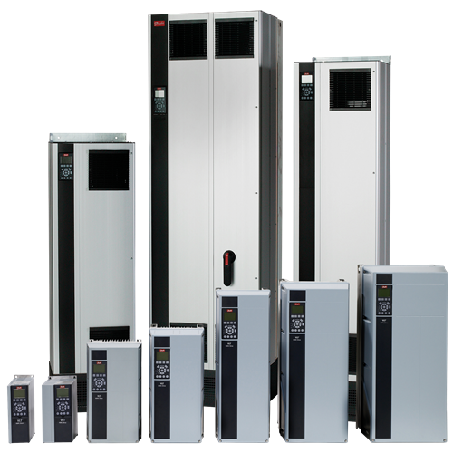 Collection of industrial variable frequency drives and motor controllers with digital displays and control panels.