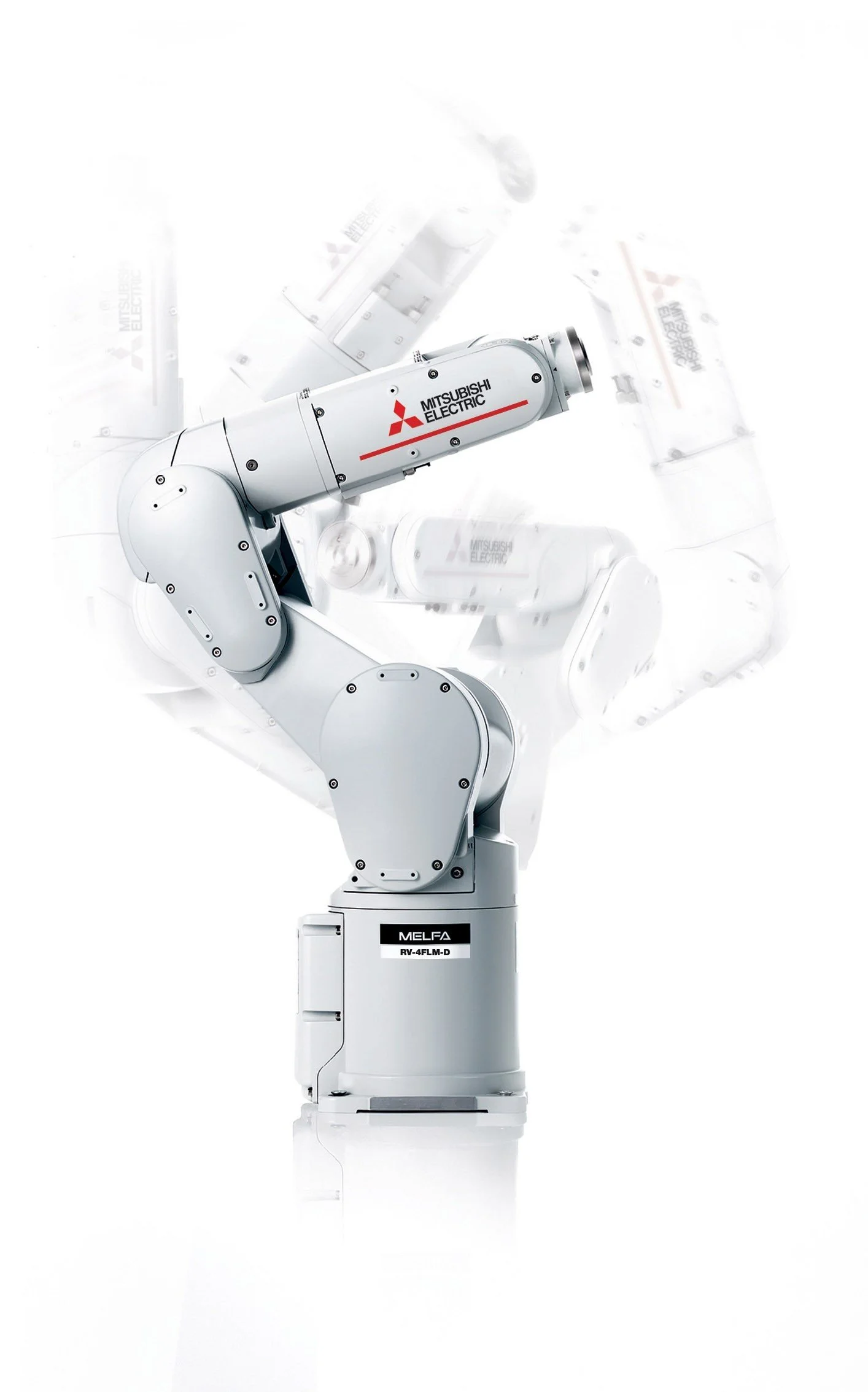 A white Mitsubishi Electric MELFA RV-4FLM-D industrial robotic arm with multiple joints and a grasping tool, standing upright against a white background.