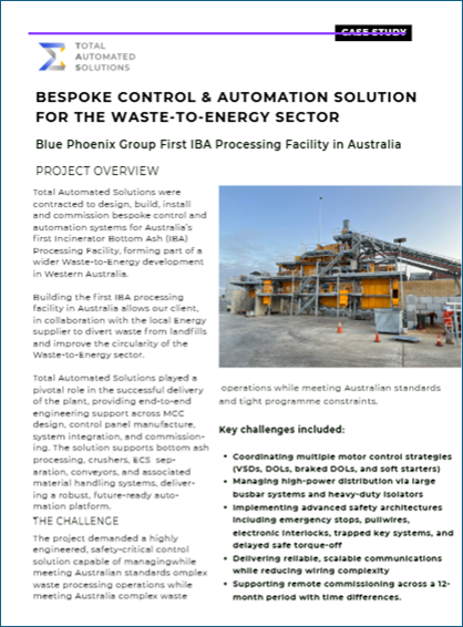 Presentation slide titled 'Bespoke Control & Automation Solution for the Waste-to-Energy Sector.' It discusses Blue Phoenix Group's first IBA processing facility in Australia, emphasizing the project's overview, key challenges, and technical details on waste-to-energy solutions.