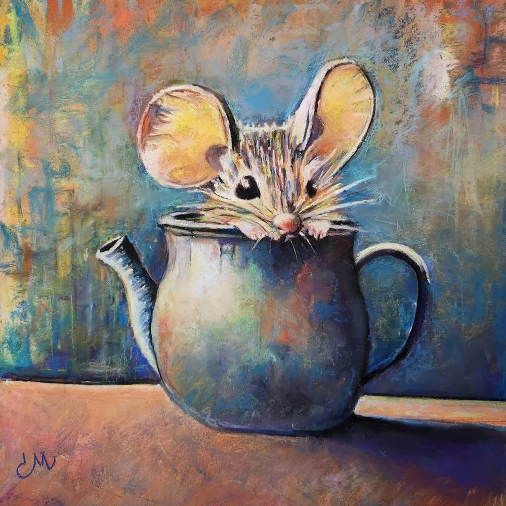 Spot of Tea, soft pastel of a mouse peeking over a teapot by Chad McLaren
