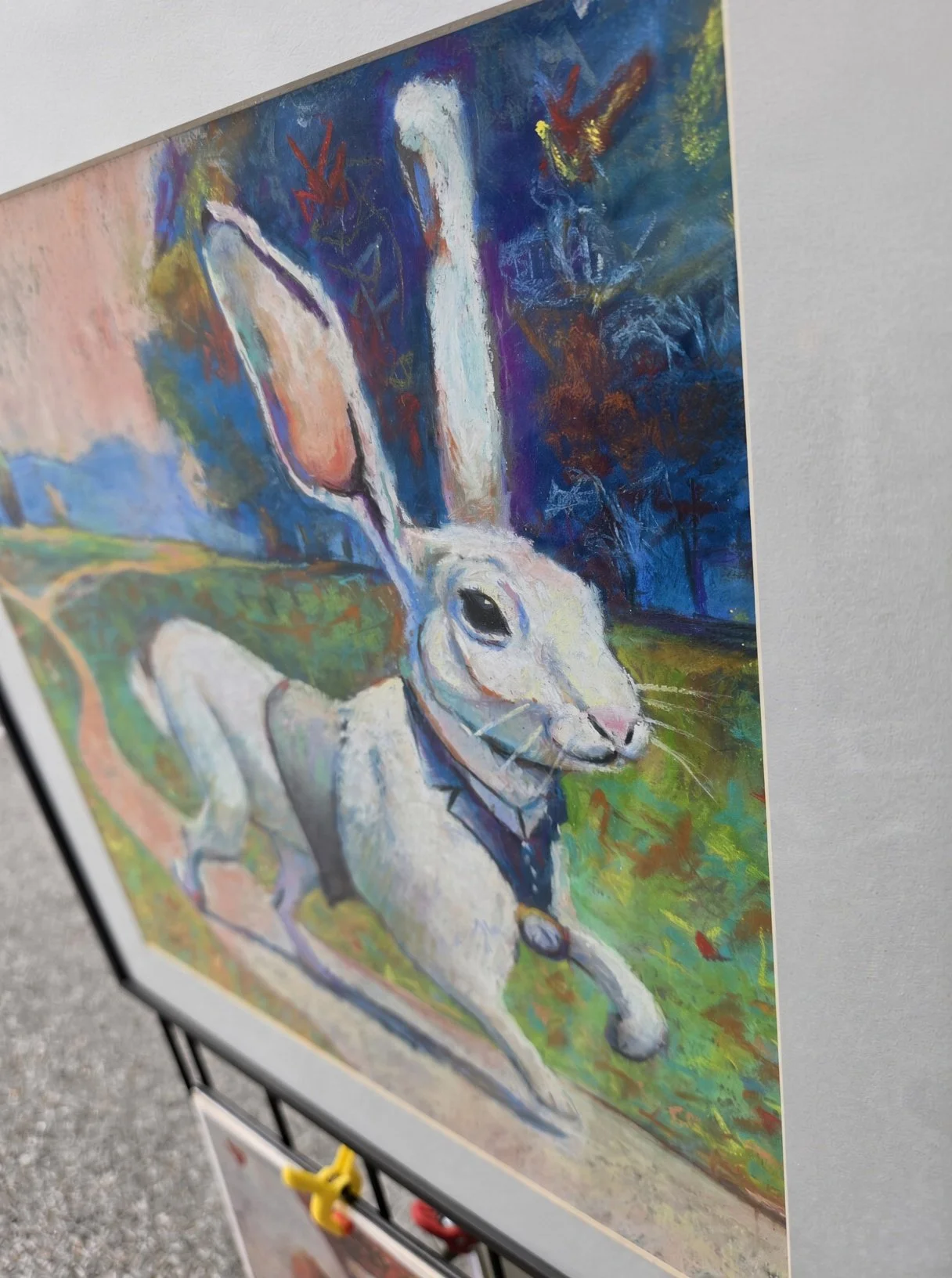 Close-up of the white rabbit's face, soft pastel by Chad McLaren