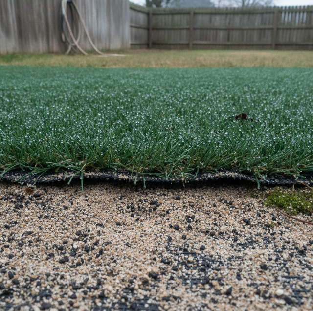 worker spraying disinfectant mist on artificial turf blades