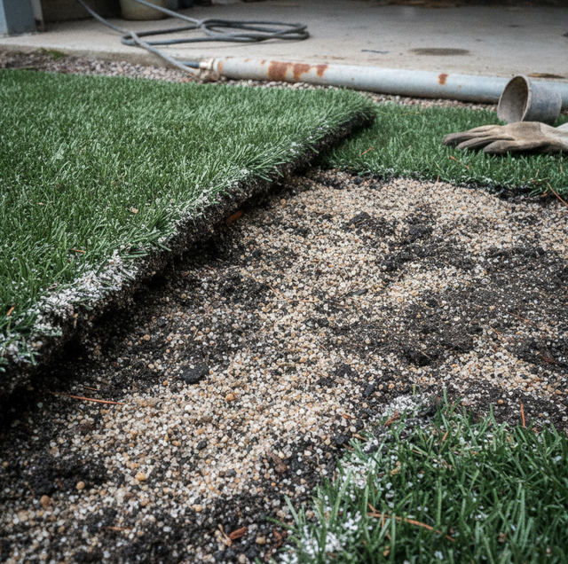 dog relieving itself on artificial turf under cloudy sky