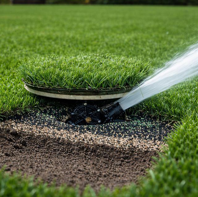 artificial turf with visible infill granules on warm afternoon