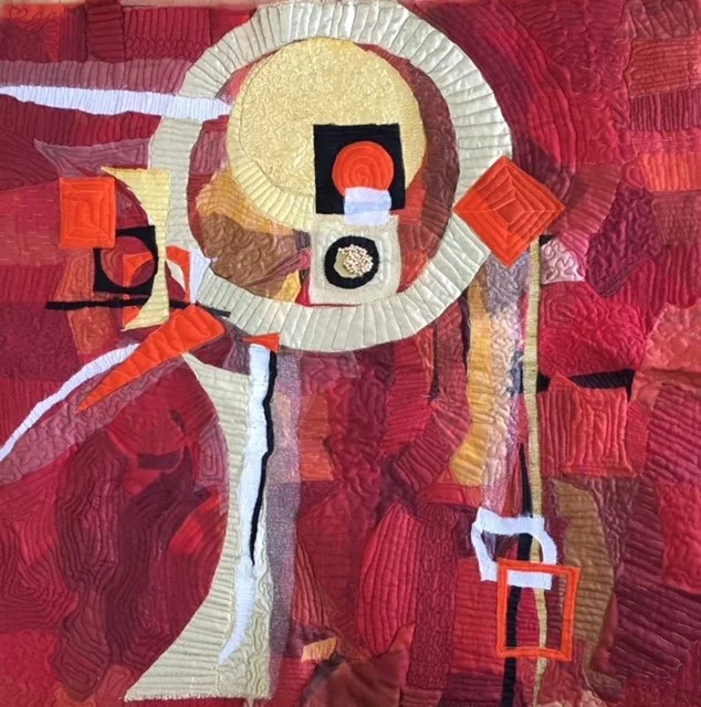 Fire, Metal & Water. 30" x 30". Vintage and commercial fabric, beads, found objects, thread. Custom framed under museum glass. SOLD