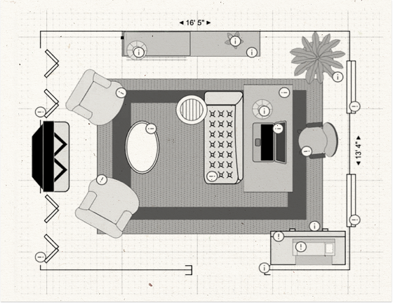 Top-down grayscale living room floor plan with sofa, two armchairs, coffee table, TV console, sideboard, plant, and dimensions