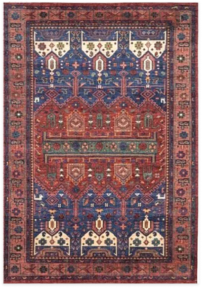 Traditional Persian-style oriental rug with intricate red, blue, cream, and green geometric floral patterns