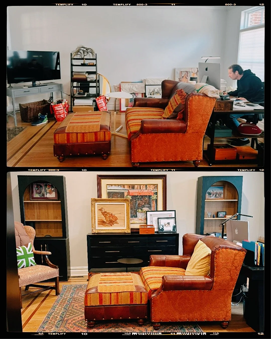 Before-and-after photos of a living room makeover with leather seating, a striped ottoman, shelving, artwork, and updated decor.