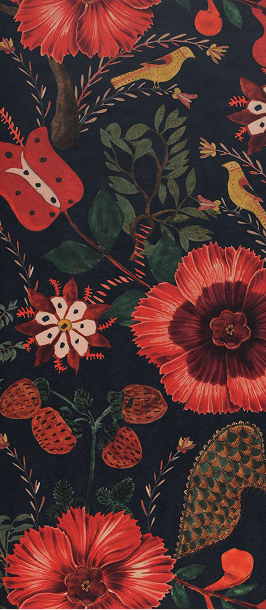 Dark botanical pattern with red flowers, colorful birds, butterflies, foliage, mushrooms, and tree fruit