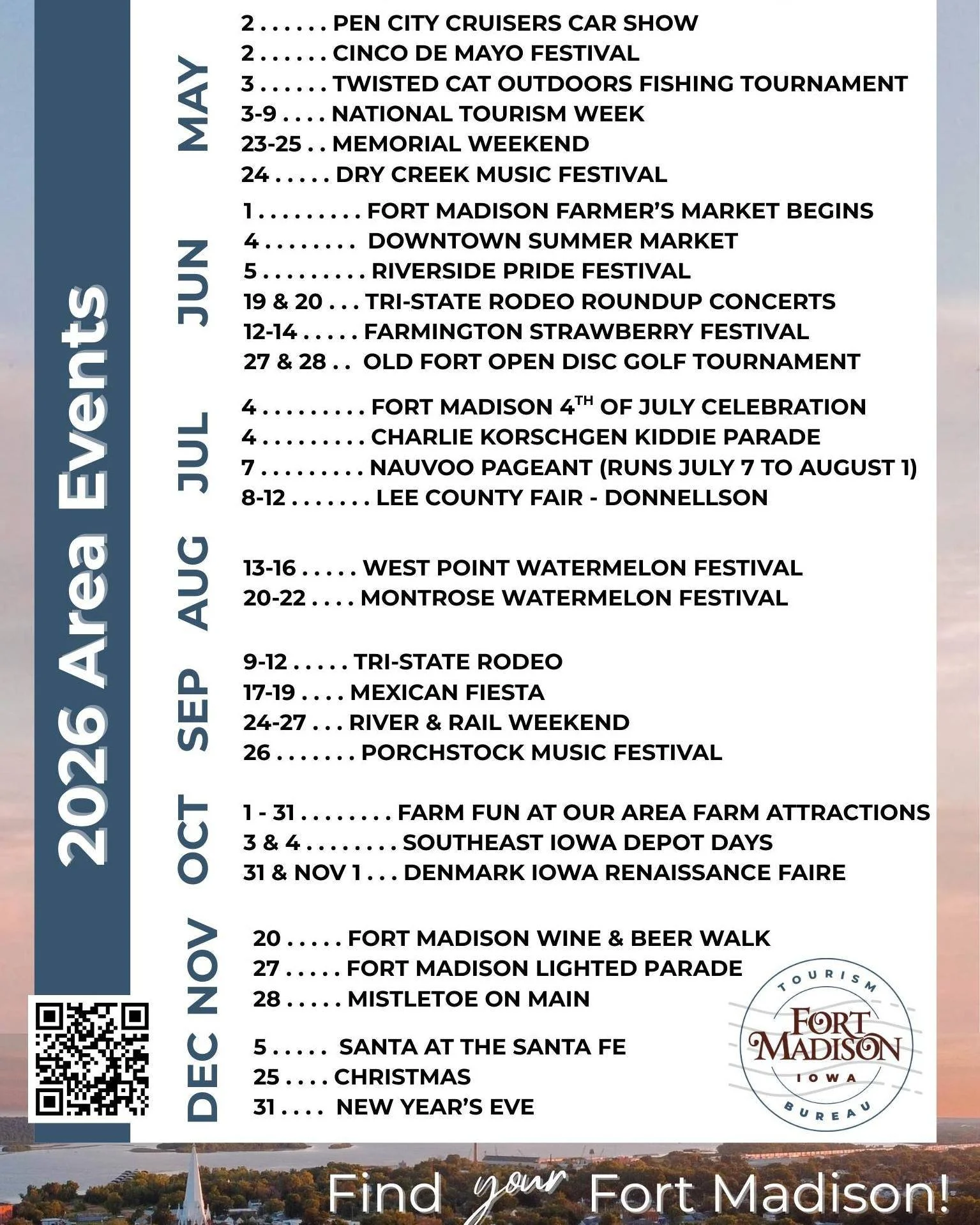 It&rsquo;s looking like a busy year in the Fort Madison area!
Here&rsquo;s a look at some of the events on the calendar so far. 

Know of an event that isn&rsquo;t listed yet?
Please reach out to the Fort Madison Tourism Office so we can add it to ou