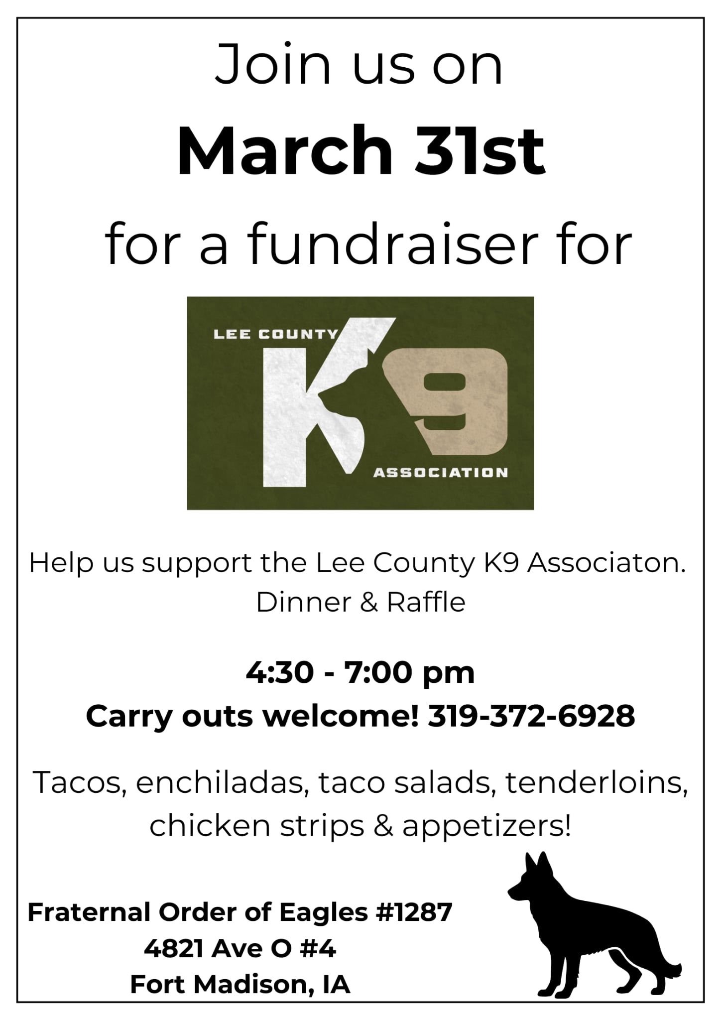 Lee County K9 Association Dinner and Raffle