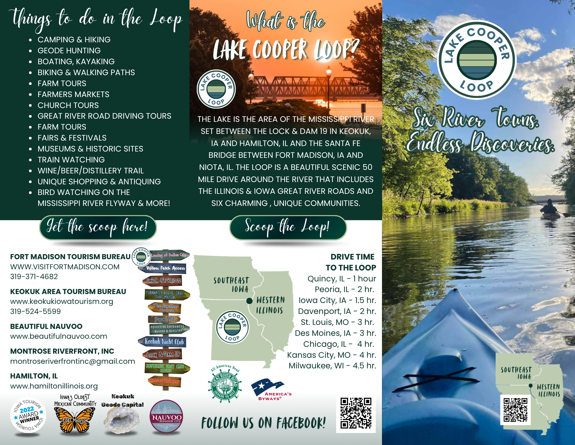 Lake Cooper Loop brochure cover page highlighting the 6 communities that are a part of the Loop including Fort Madison, Montrose and Keokuk Iowa and Hamilton, Nauvoo and Niota IL. Shows activities to do while in the area and driving distance here.