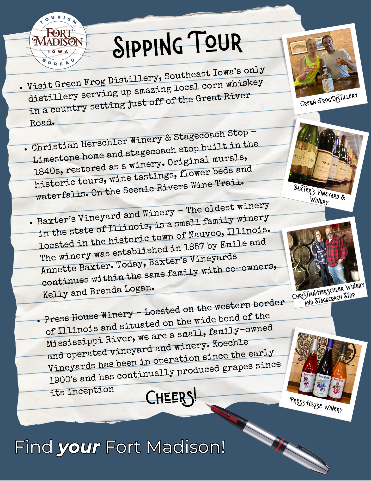 Flyer for Fort Madison, Iowa, tourism with photos of local wineries, a couple at a winery, and bottles of wine, detailing tours and history.