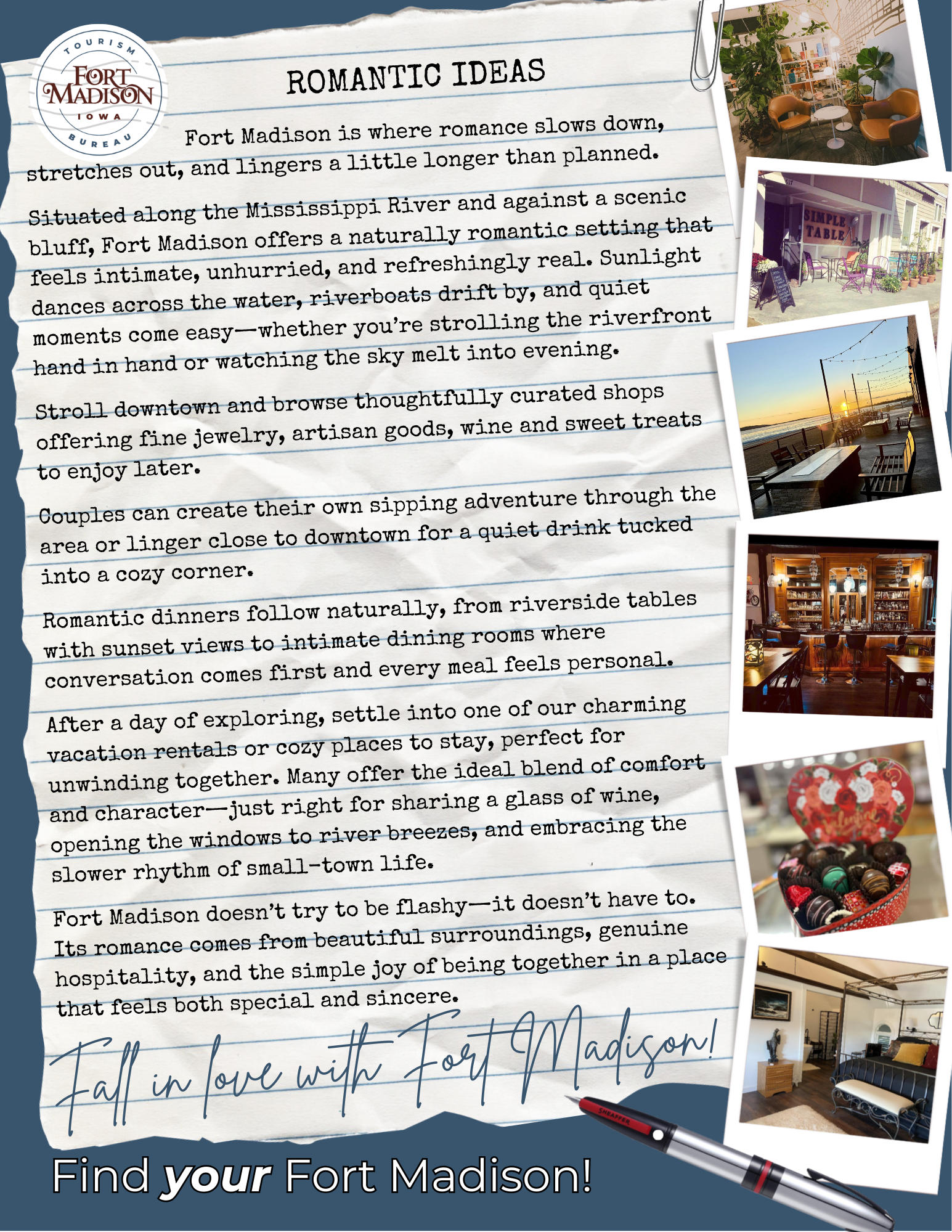 Romantic ideas for a getaway in Fort Madison Iowa