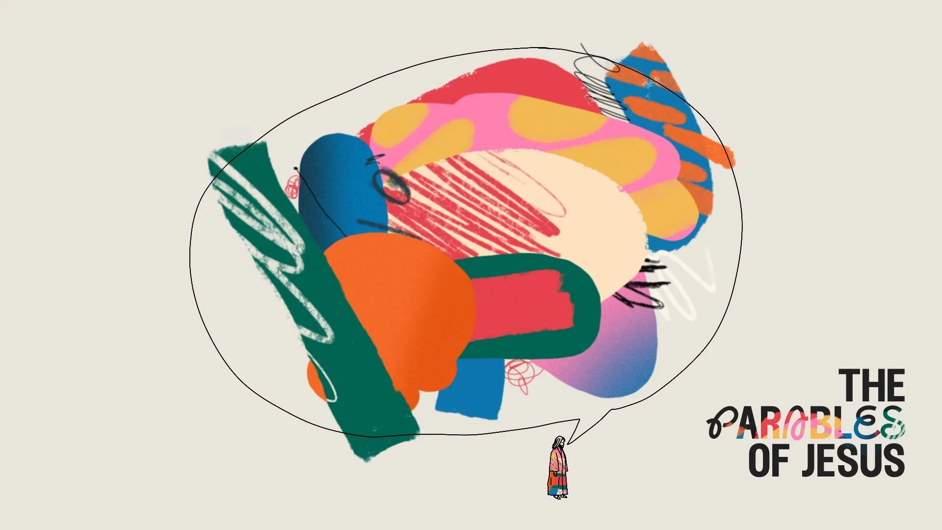 An abstract illustration features a stylized figure with a speech bubble containing colorful, abstract shapes. The text reads 'The Parables of Jesus' with 'Parables' highlighted in multiple colors.