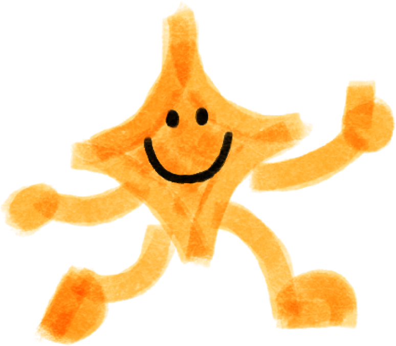A cartoon star with a smiling face, arms, and legs, on a yellow background.
