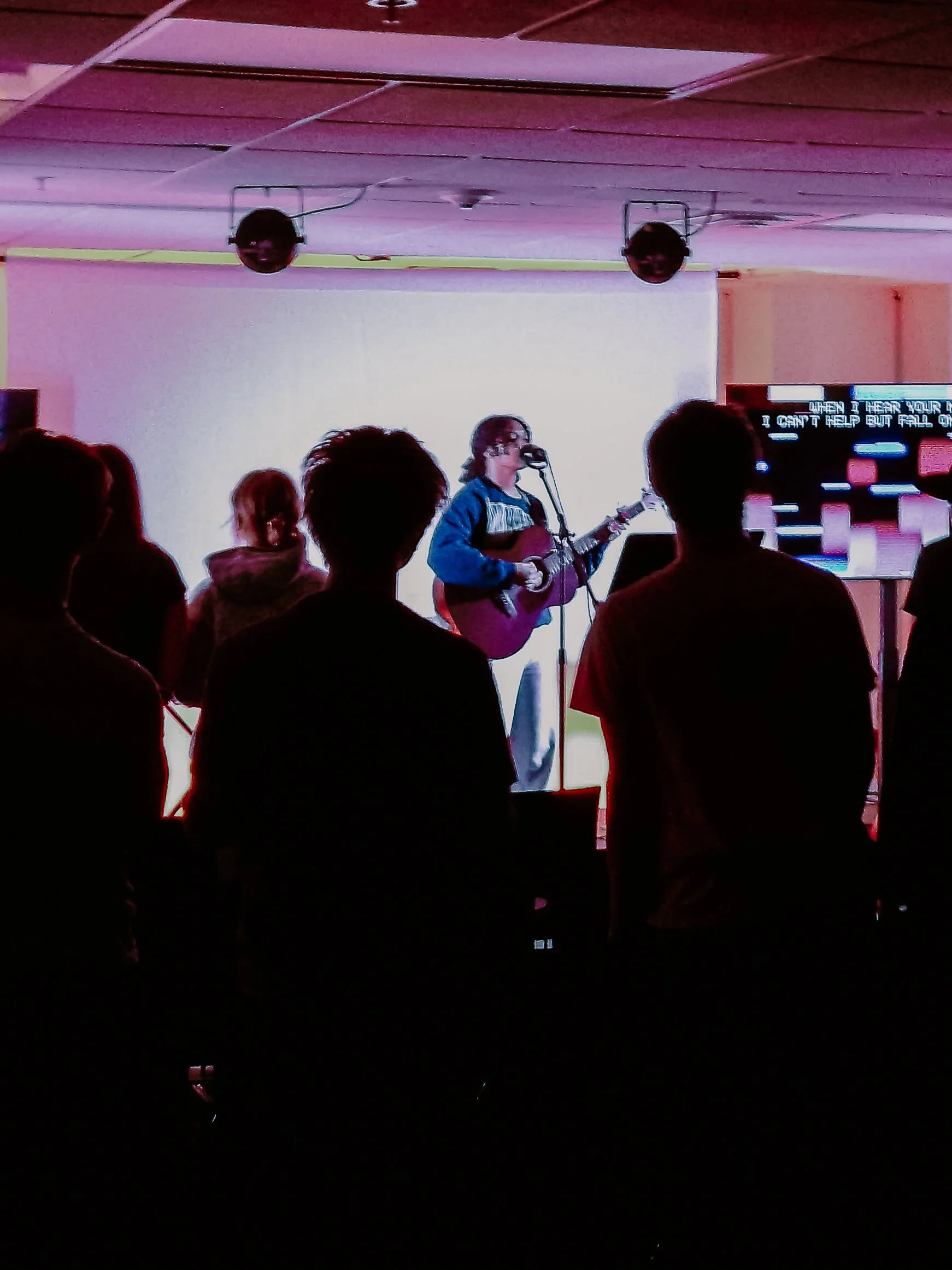 A person singing and playing guitar on stage with microphone, in front of audience, in a dimly lit room with white projection screen and ambient speakers.