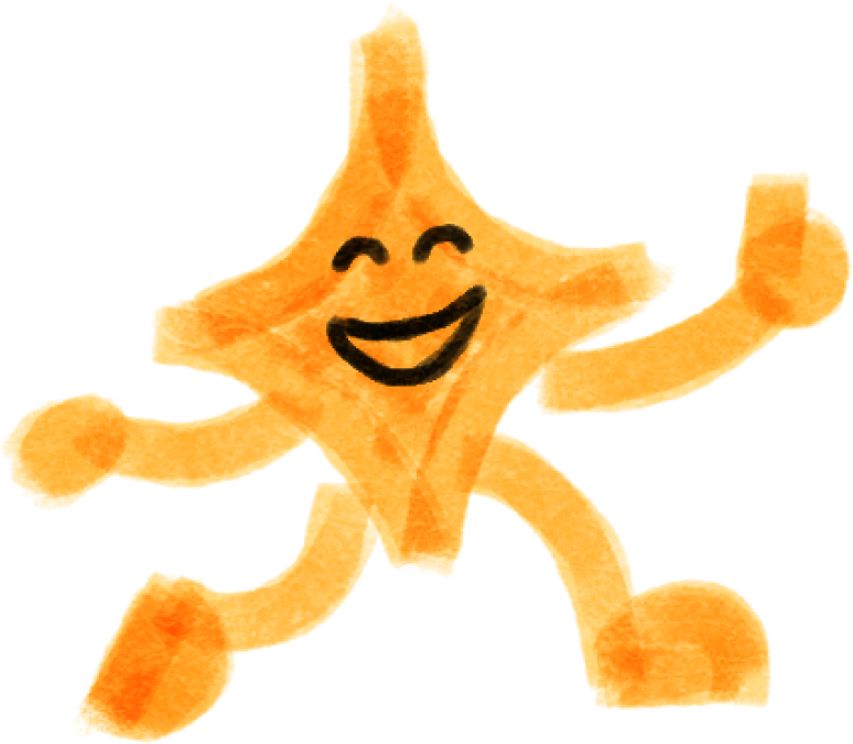A cartoon-style starfish with a smiling face and black brushstroke eyes and mouth, drawn in orange and yellow tones.