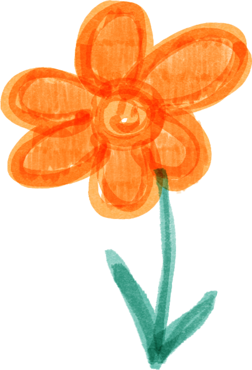 A stylized, orange flower with five petals, a round center, a green stem, and two green leaves on a background divided into orange and blue-green sections.