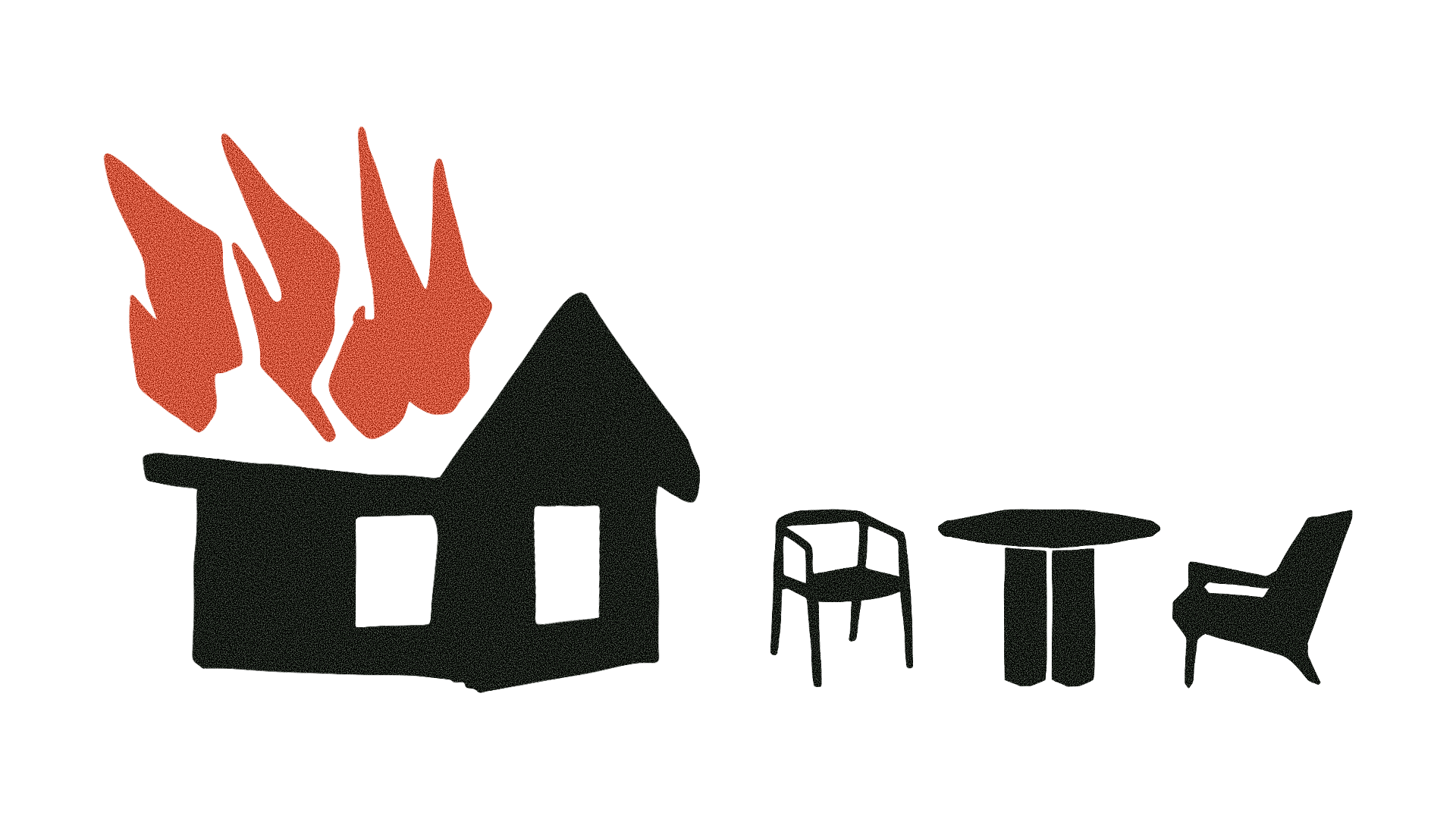 Illustration of a house with flames coming out of the chimney, and outdoor furniture including two chairs, a table, and a small stool.