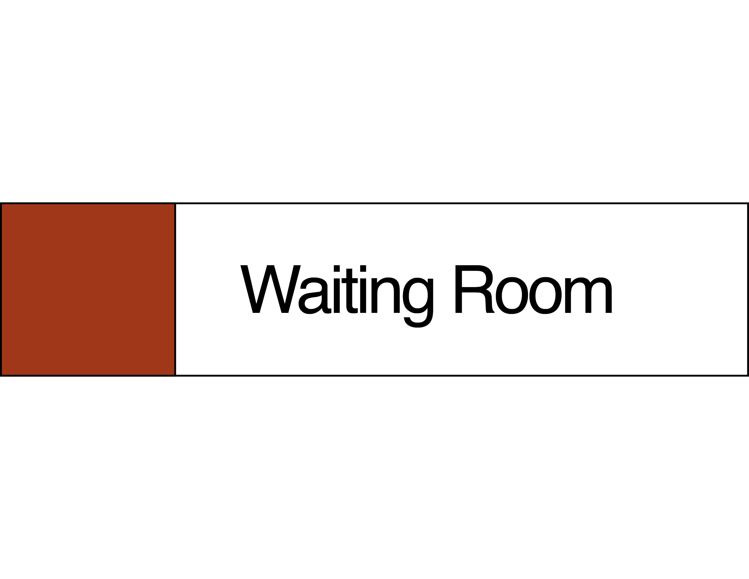 A black reception sign with the words "Waiting Room" in white text, featuring a brown square on the left side.