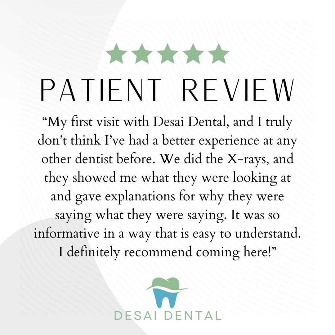 Thank you for the 5-star review!🌟 We love hearing about your positive experiences at Desai Dental. We're committed to making your visits informative and enjoyable! 😊🦷 

#DesaiDental #HappyPatient #DesaiDentalExperience #5StarReview #Grateful #Wint
