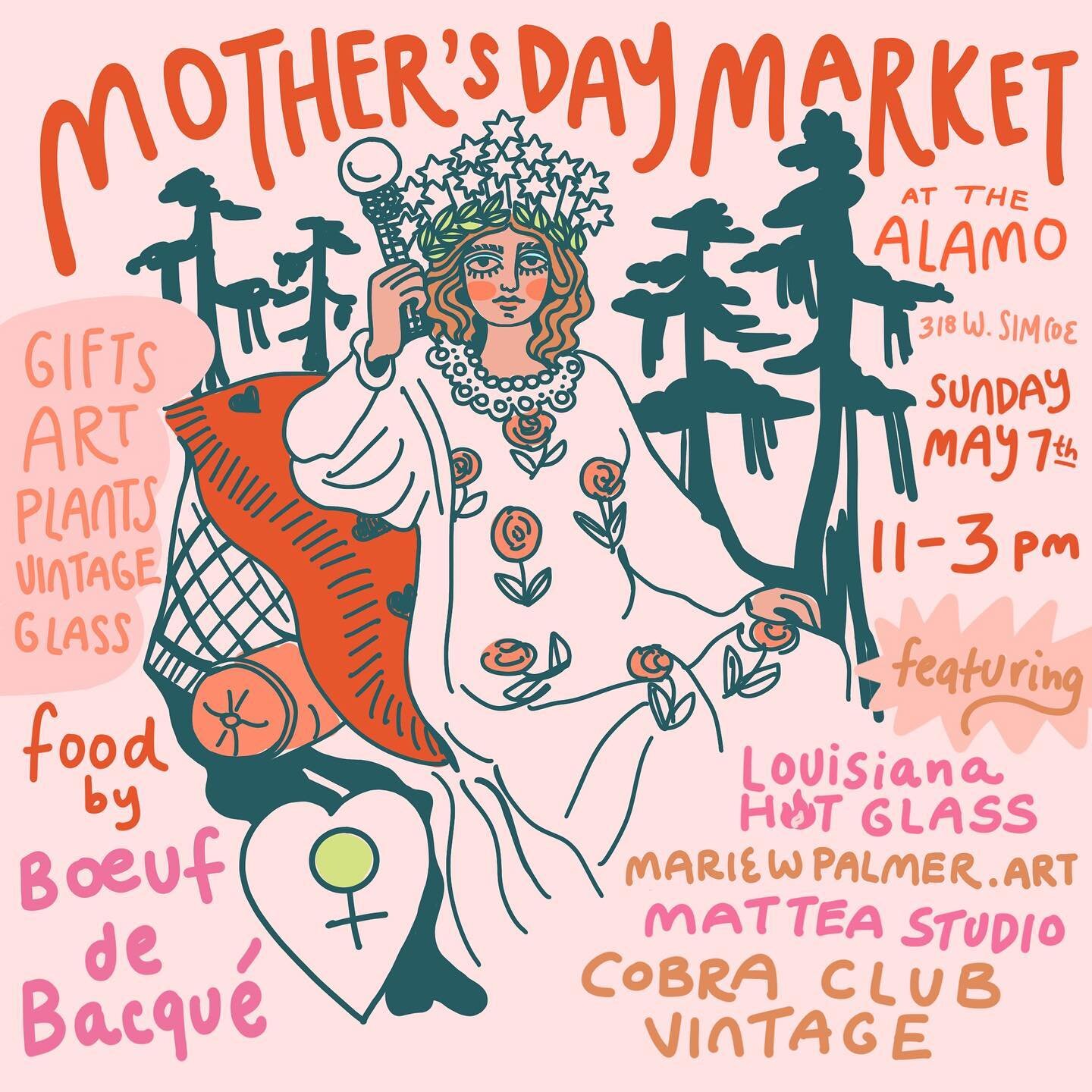 Hey y&rsquo;all! We&rsquo;re throwing a last minute Mother&rsquo;s Day Market this Sunday May 7th from 11-3 at the Alamo. Make your mom or yourself feel like an Empress with a gift from our local selection of artists:

@louisianahotglass 
@mariewpalm