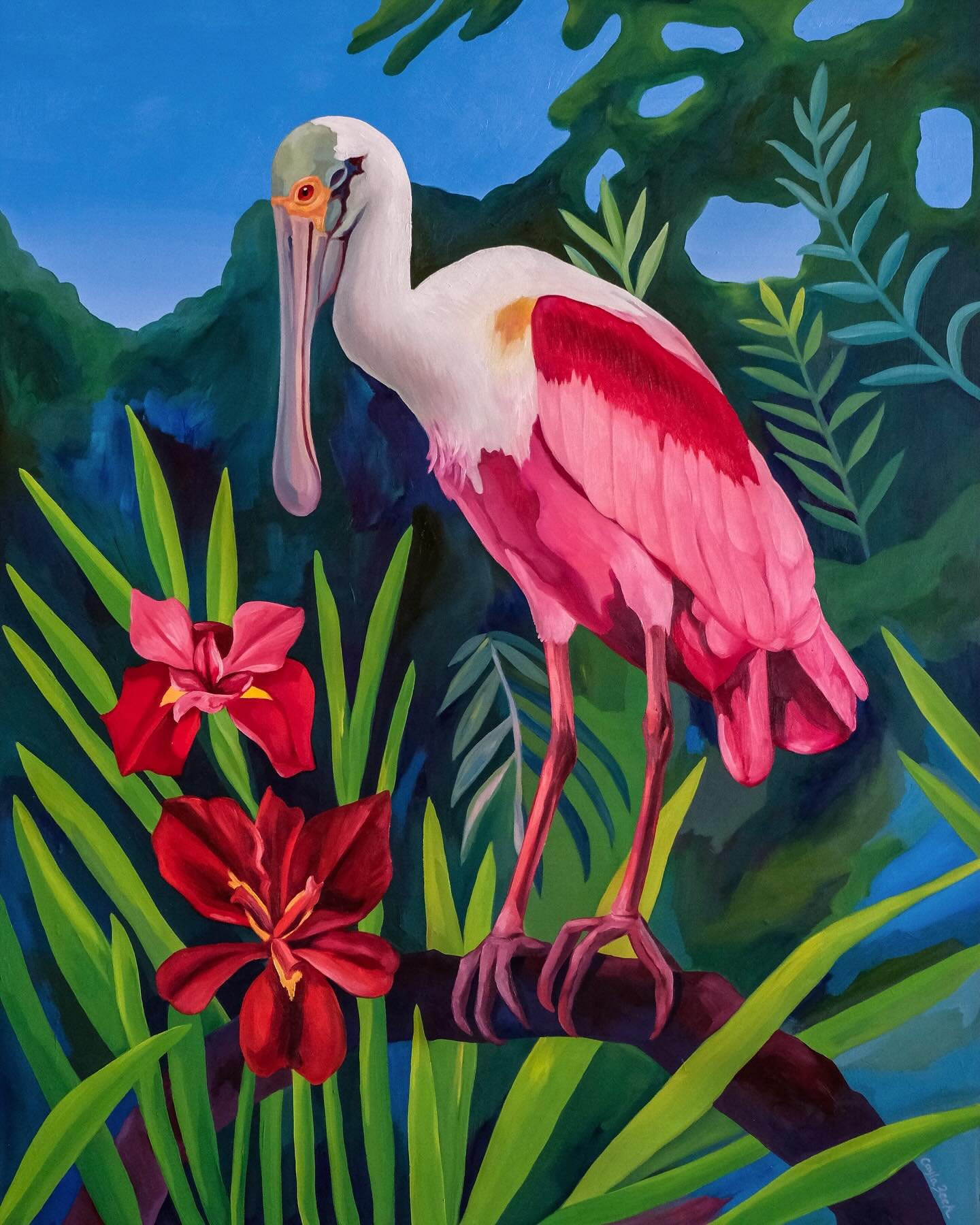 Hey hey! This freshly finished Spoonbill with Red Irises is looking for a home 🌸 It is an oil painting on Masonite framed with natural wood sides, sized 24&rdquo;x30&rdquo; ~ SOLD