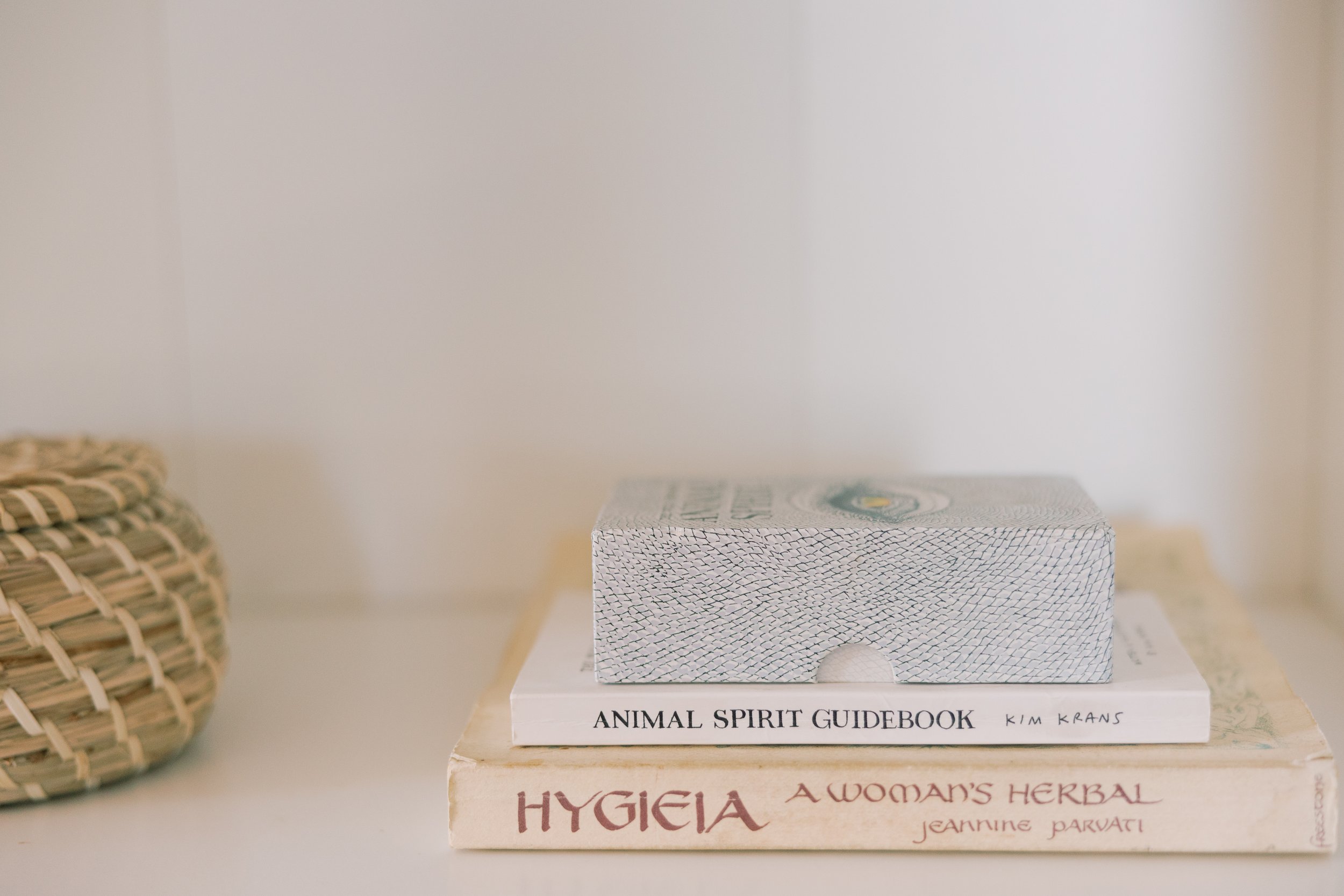 Stack of three books on a white shelf, with a woven basket partially visible on the left. The top book is titled "Animal Spirit Guidebook" by Kim Krans, the middle book is titled "Hygieia: A Woman's Herbal" by Jeannine Parvati, and the bottom book is plain with no visible title.