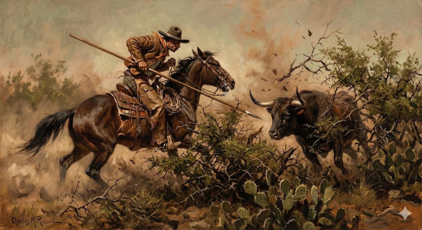 Vaquero in the brush with garrocha.