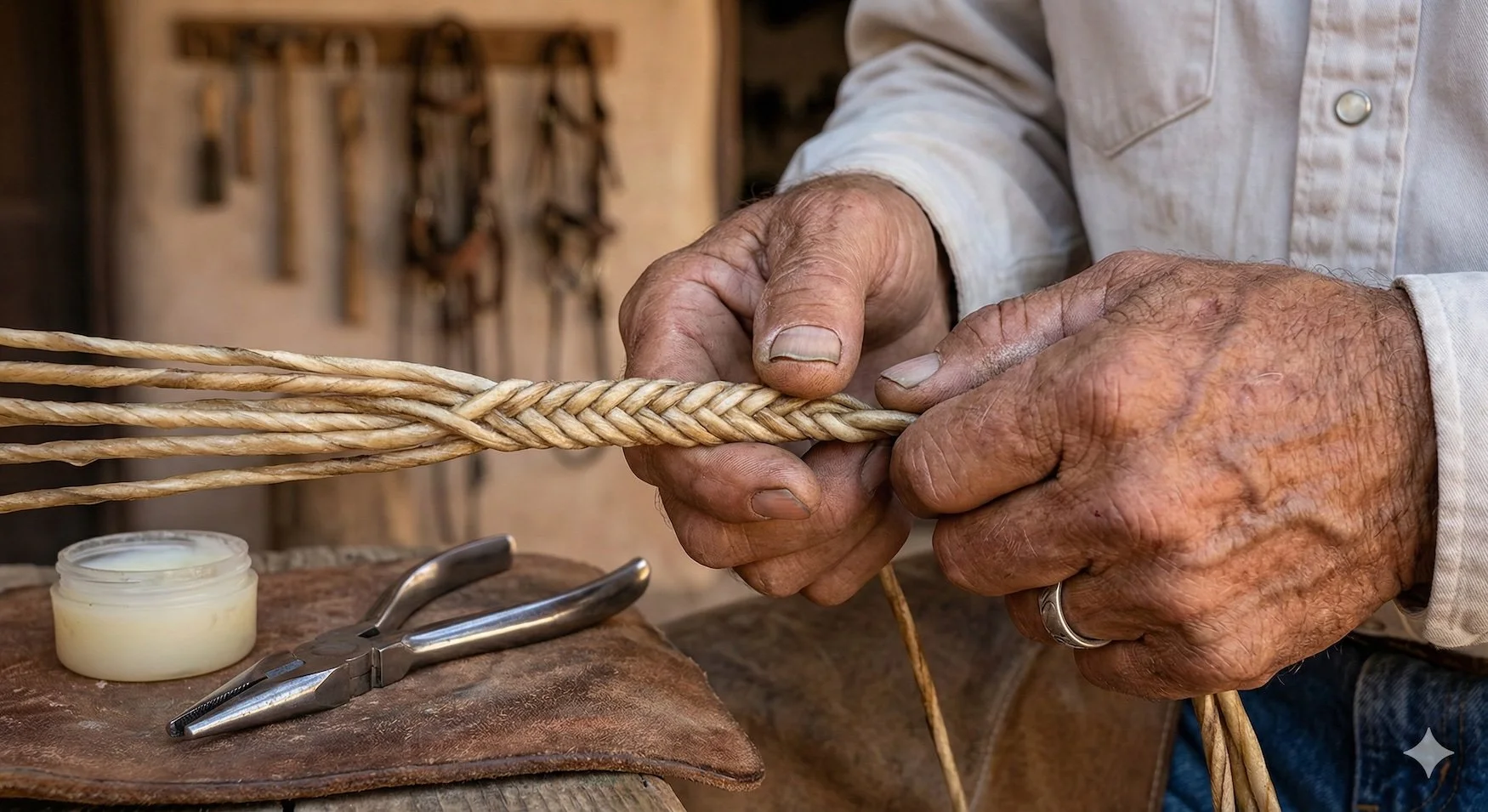 Cowboy Braiding Rope By Hand