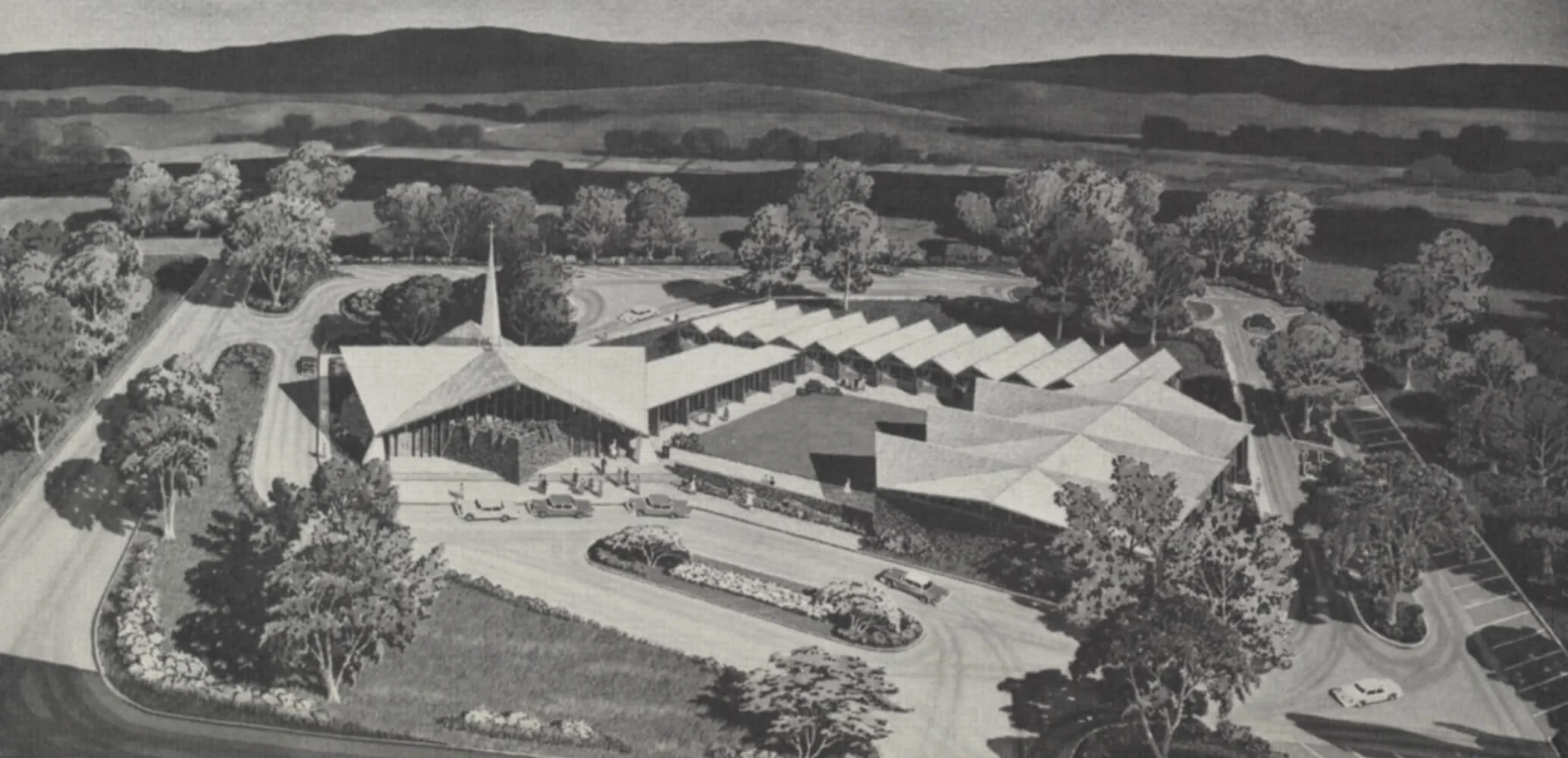 Nativity Lutheran Church, East Brunswick, N.J. Rendered by Alan Davoll. Architects McDowell-Goldstein.