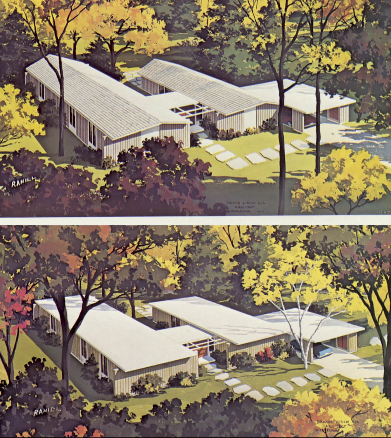Designs for Leisure Time Developers, Ltd., Rock Hill, New York. Rendered by Peter Rahill. Architect Dennis Jurow, A.I.A.