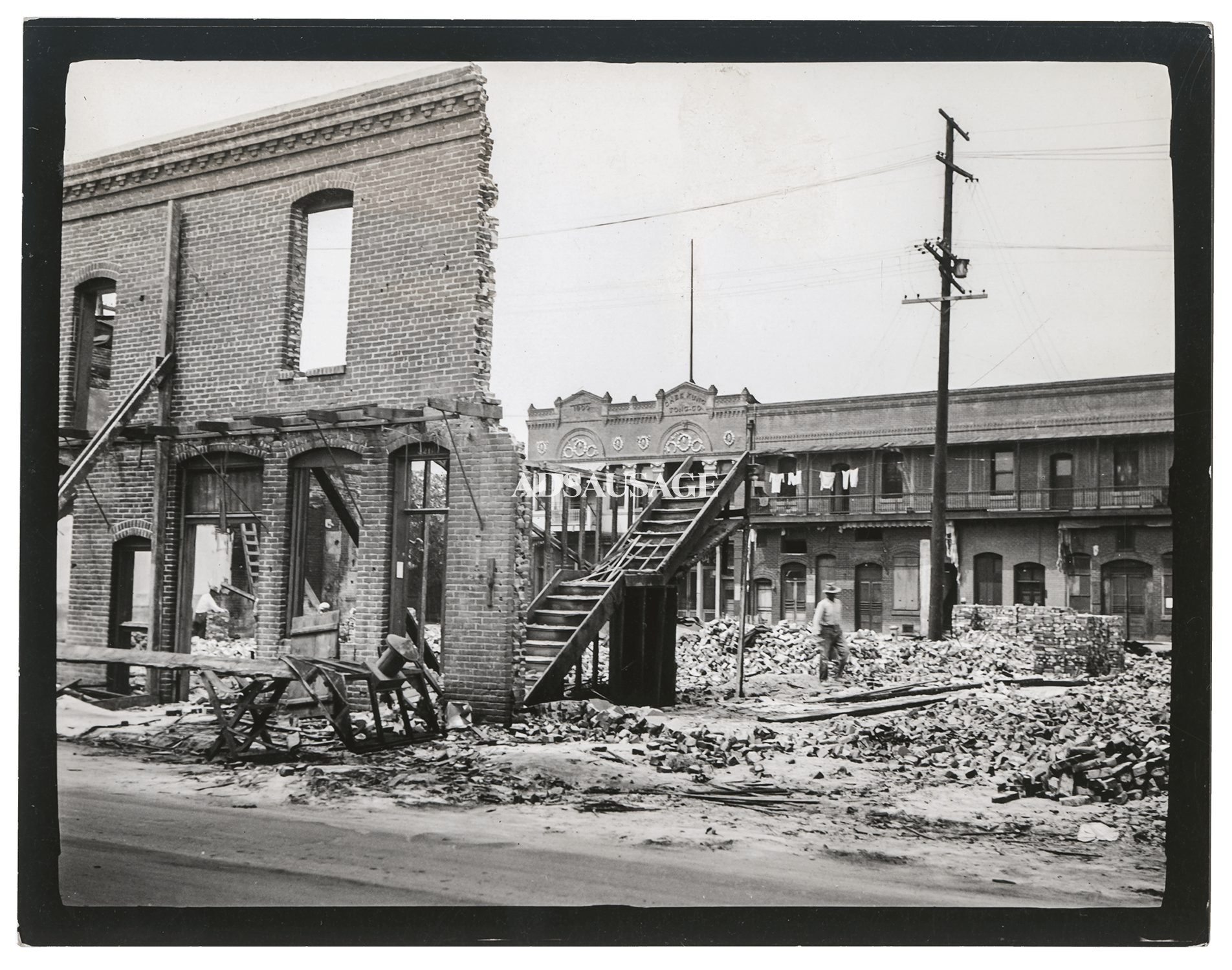 Wrecking Chinatown, 321 Marchessault St. In back of stairway, Shee Fung Tong, Chinese mason, building, 1900.