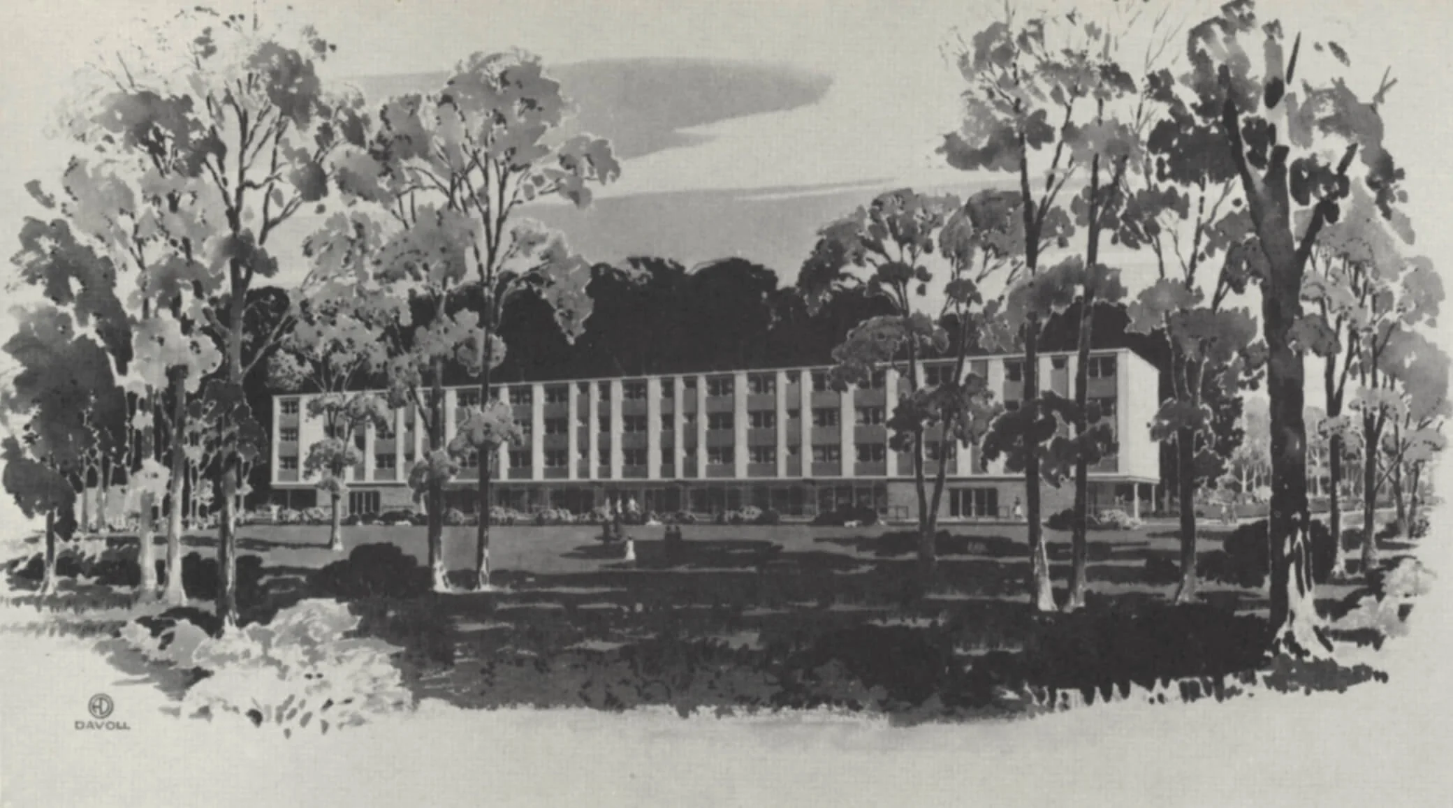 Women's Dormitory, Newark State College, Union, N.J. Rendered by Alan Dovall. Architects Scrimenti/Swackhamer/Perantoni.