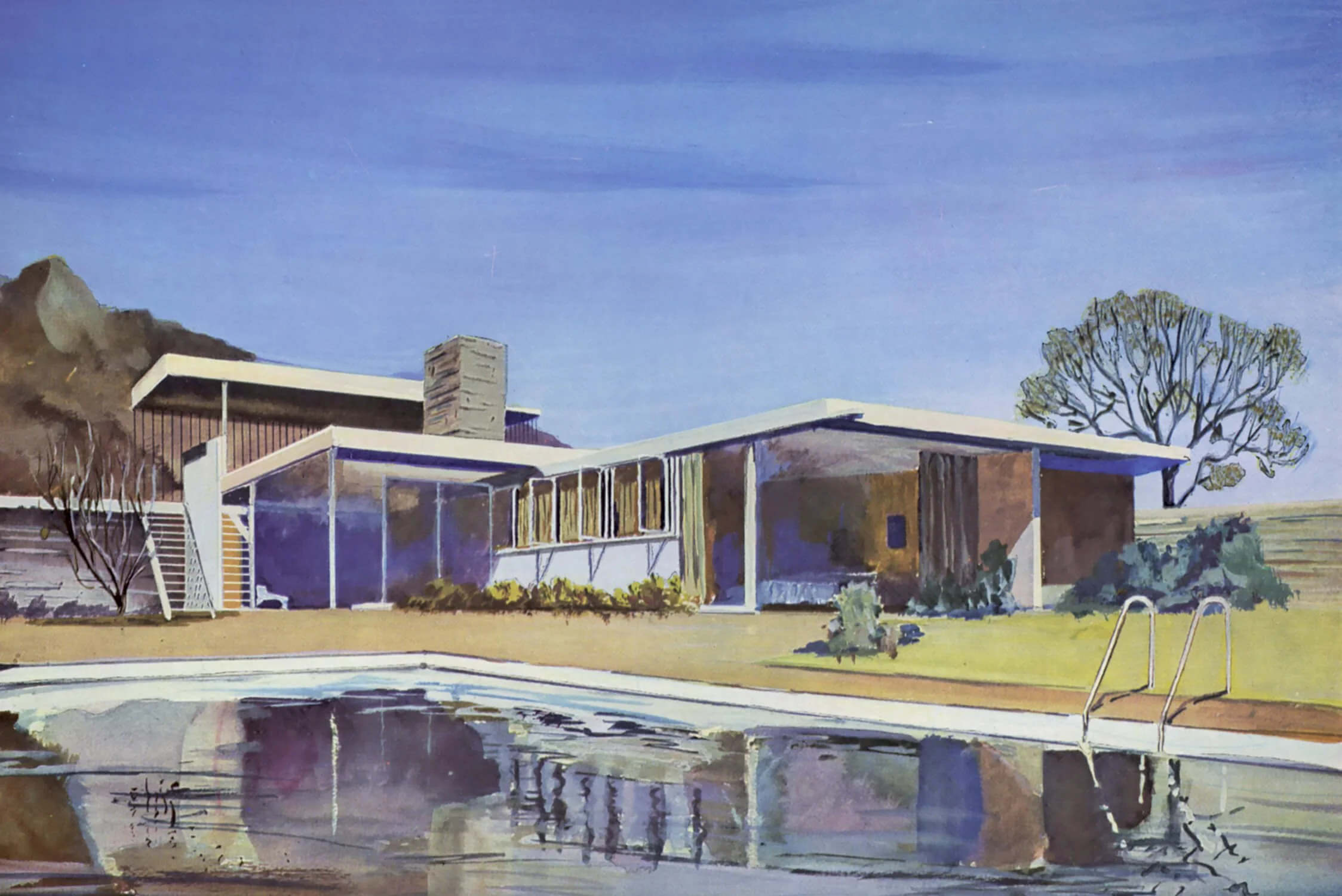 A house in the desert. Rendered by Gordon Schenk. Architect Richard J. Neutra.